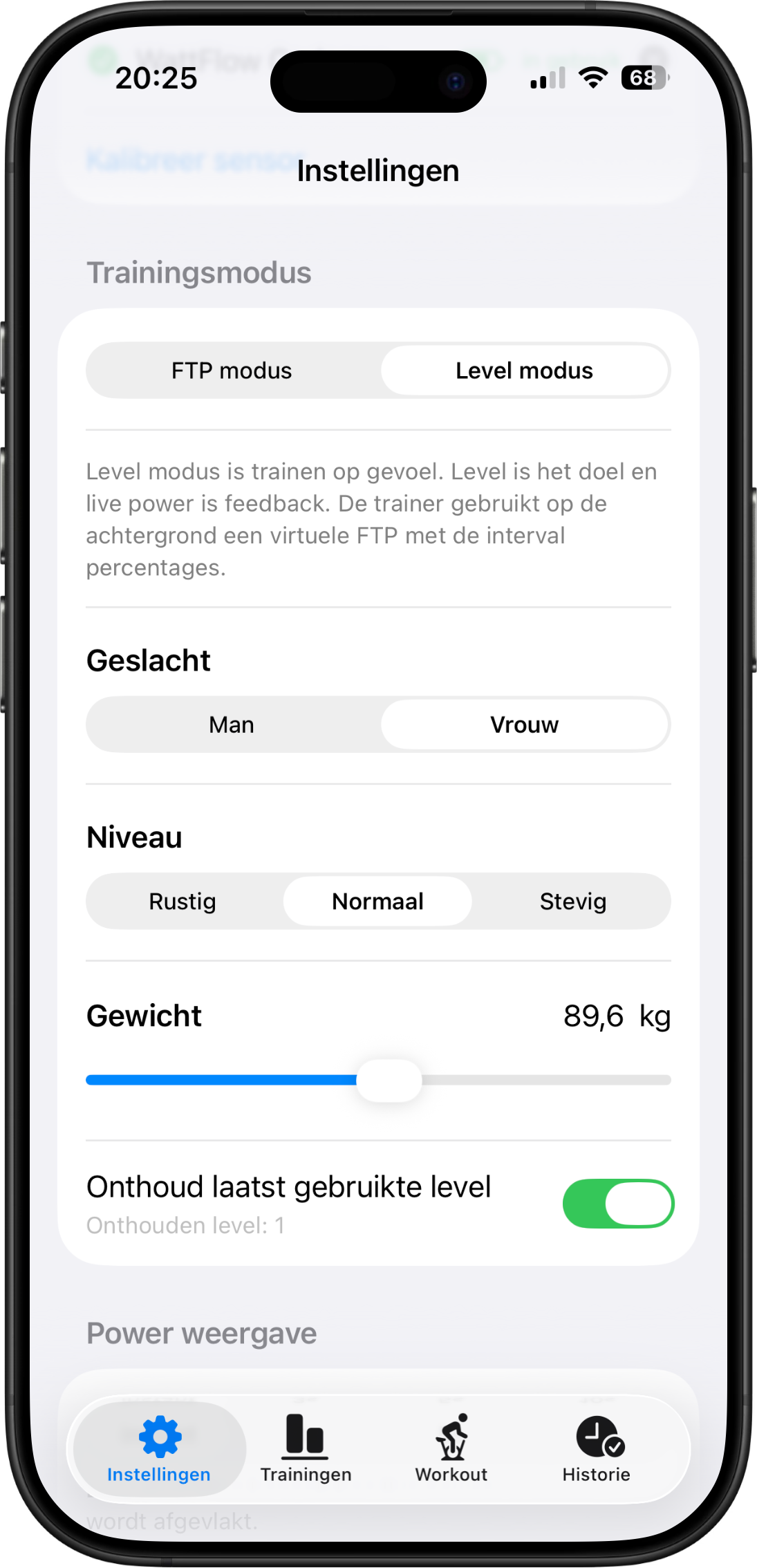 Level modus instellingen in WattFlow